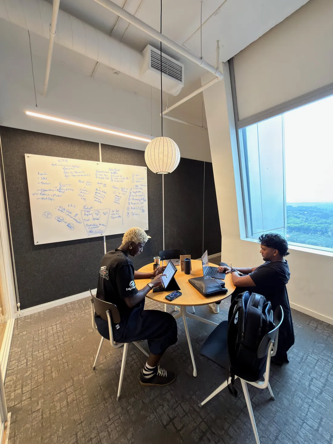 A strategy session round the table, the plan taking shape on the whiteboard